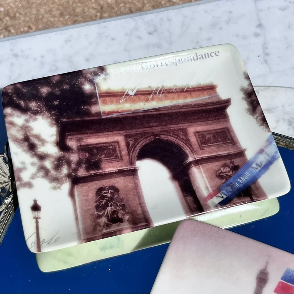Restoration Hardware Vintage Parisian-themed Postcard Plates Trinket Trays Set 3